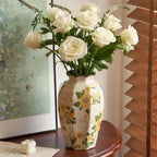 Levvohd Vintage Pastoral Octagonal Vase, 9.3 Inch Ceramic Sunflower Flower Vases, Rustic Farmhouse Antique Chinoiserie Floral Vase for Wall Art Bedroom and Shelf Home Decor (Octagonal)