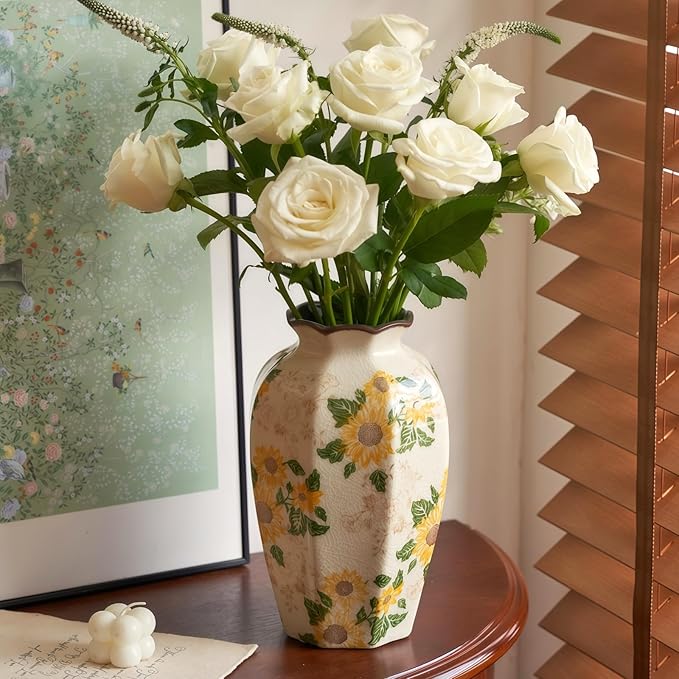 Levvohd Vintage Pastoral Octagonal Vase, 9.3 Inch Ceramic Sunflower Flower Vases, Rustic Farmhouse Antique Chinoiserie Floral Vase for Wall Art Bedroom and Shelf Home Decor (Octagonal)