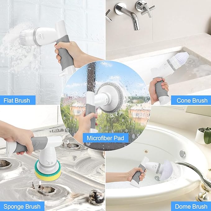 Electric Spin Scrubber, Shower Scrubber with Handle, Waterproof Portable Bathroom Cleaner Brush, Cordless Electric Cleaning Brush with 5 Replaceable Brush Heads for Floor Tile Tub Wall Window Kitchen
