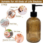 Brown Glass Soap Dispenser Set with Black Pump, 13.5oz Refillable Liquid Hand Dispenser, Vertical Stripe Lotion Dish Soap Dispenser for Modern Home Decor, Bathroom, Kitchen Countertop, Hotel(2 Pack)