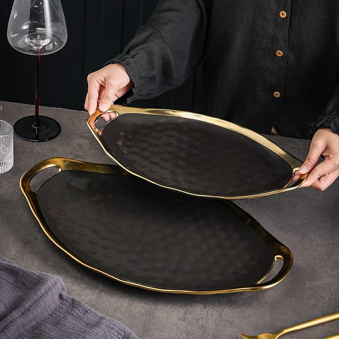 Stone Lain Florian Porcelain Large and Medium Oval Platters with Handle, Service Set, Black with Gold Rim