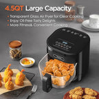 Vexon 4.5L Glass Air Fryer ，Clear Viewing Window ，Easy-to-Clean Basket ，Multiple Cooking Modes ，User-Friendly Digital Controls (Black)