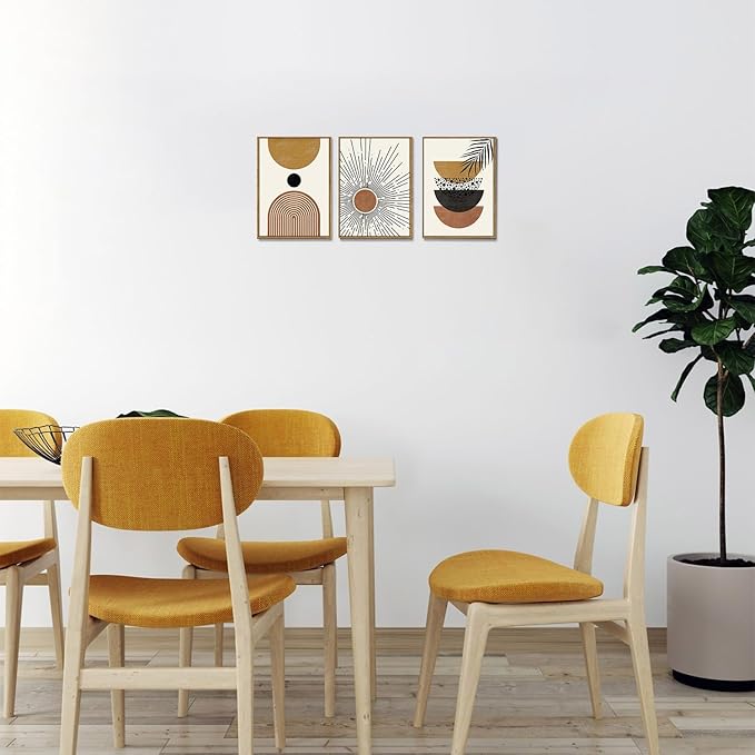 Bwodke Boho Wall Art, Framed Abstract Sun Wall Art, Neutral Canvas Wall Decor, Mid Century Geometric Line Pictures Set of 3, Minimalist Paintings, for Bedroom Living Room Bathroom 12"x16"