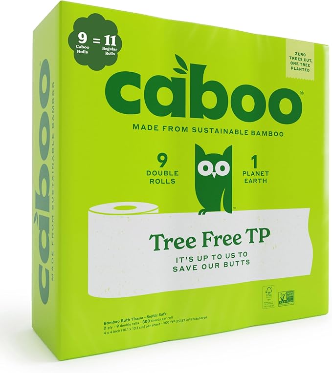 Caboo Tree Free Toilet Paper, Septic Safe Bath Tissue, Quick Dissolving 2 Ply Sheets - 300 Sheets Per Roll, 9 Double Rolls