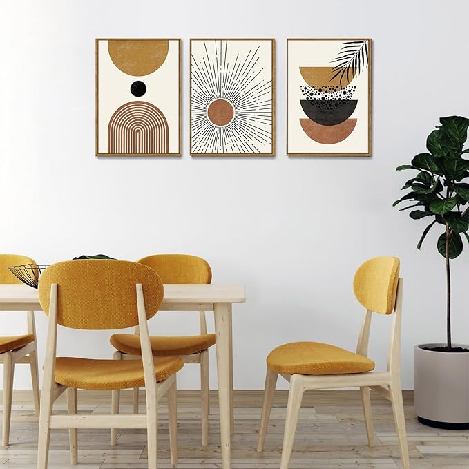 Bwodke Boho Wall Art, Framed Abstract Sun Wall Art, Neutral Canvas Wall Decor, Mid Century Geometric Line Pictures Set of 3, Minimalist Paintings, for Bedroom Living Room Bathroom 16"x24"