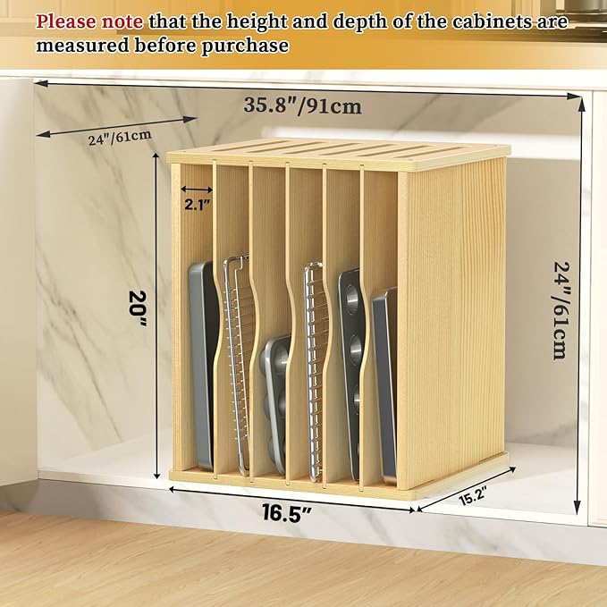 7 Tier Large Size Wooden Tray Dividers for Cabinet, Kitchen Cabinet Tray Divider for Pans, Storing pans, Baking trays, Cutting Board