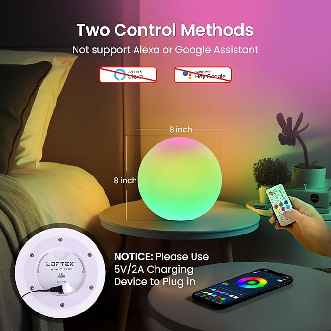 LOFTEK Color Changing Night Light, Smart LED Lamp with Bluetooth APP and Remote Control, 220 Scene Modes, 8-inch RGB Ball Mood Lighting for Living Room (Corded Electric)