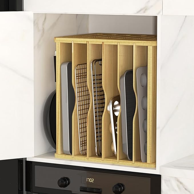 7 Tier Wooden Cabinet Tray Dividers,Kitchen Cabinet Tray Divider for Pans, Storing pans, Baking trays, Cutting Board