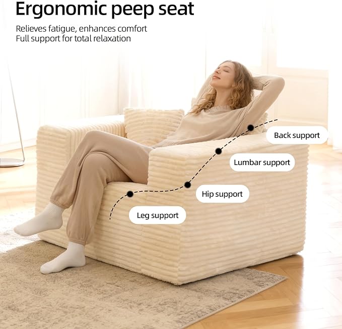 Single Sofa Foam Couch Sofa for Small Spaces, Giant Bean Bag Chair, Comfy Sofas with Removable Cover Furry Couch Pillows for Living Room, Bedroom, Apartment, Dorm, Office