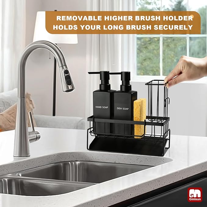 GMISUN Dish Soap Dispenser, 12 fl oz / 350 ml Dual Kitchen Soap Dispensers with Sponge Holder, Customized Matte Black Kitchen Soap Dispenser Set, Modern Hand and Dish Soap Bottle Set Removable