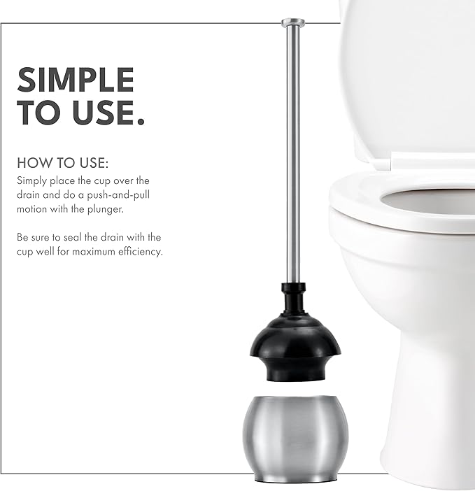 ToiletTree Products Stainless Steel Plunger - Heavy Duty Toilet Bowl Plunger with Holder for Bathroom Essentials and House Cleaning Tools - Stainless Steel, 6.5” x 6.5” x 18.5”