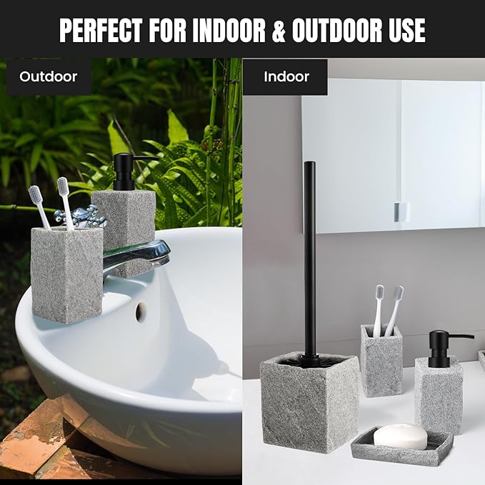 Bathroom Accessories Set - Soap Dispenser, Toothbrush Holder, Soap Dish, Toilet Brush & Toilet Brush Holder - Grey Stone Bathroom Accessories Set - Modern Bathroom Organizer Set (Black)