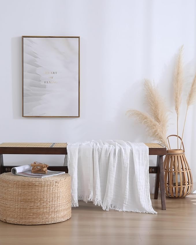 100% Cotton Muslin Throw Blanket for Bed, Couch, Small, Decorative, Soft, Pre-Washed, Breathable and Lightweight Gauze Blanket with Tassels, Suitable for All Seasons, Off-White, 50"x60"