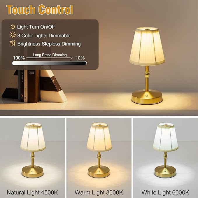 5w Led Cordless Mini Lamps,3000 mah Battery Operated Lamp,3 Color Temperature Dimmable Table Lamp,Gold Rechargeable Table Lamp Fabric,Aesthetic Small kitchen Lamp for Counter,Restaurant,Bar,H9.8"