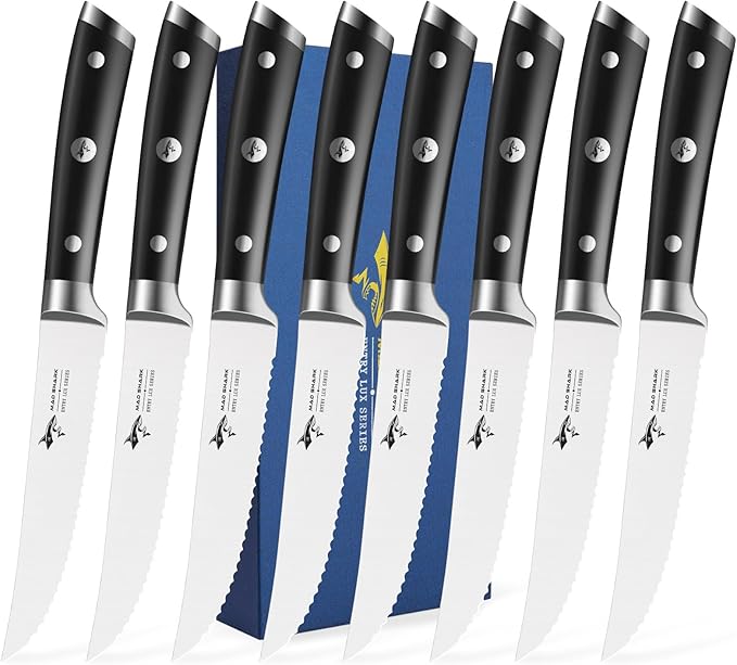 MAD SHARK Steak Knives Set of 8,Premium 12.6-inch Serrated Steak Knife Set,Ultra Sharp German High Carbon Stainless Steel Triple Rivet Collection 8-Piece Kitchen Steak Knife Set (STEAK KNIFE SET OF 8)