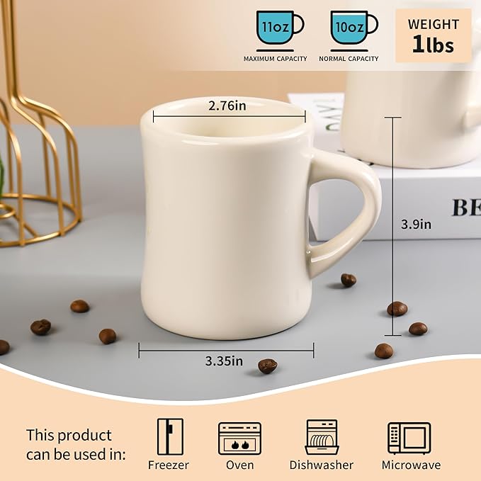 11oz Ceramic Coffee Mug set Stoneware Coffee Cups Set for Restaurant, Diner, Farmhouse, Coffee Shop, Home set of 6 (Cream)