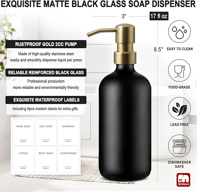 GMISUN Gold Soap Dispenser, 2 Pack Matte Black Glass Bathroom Hand Soap Dispenser with Rustproof Golden Pump, 17 Fl Oz Kitchen Hand and Dish Soap Dispensers Set, Modern Liquid Soap Lotion Bottle