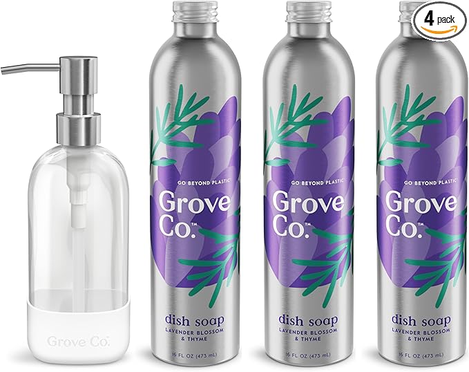 Grove Co. Ultimate Dish Soap Refills (3 x 16 Fl Oz) + Refillable Glass Dish Soap Dispenser for Kitchen Sink with Non-Slip Silicone Sleeve, Plastic Free Cleaning Products, Lavender Blossom & Thyme