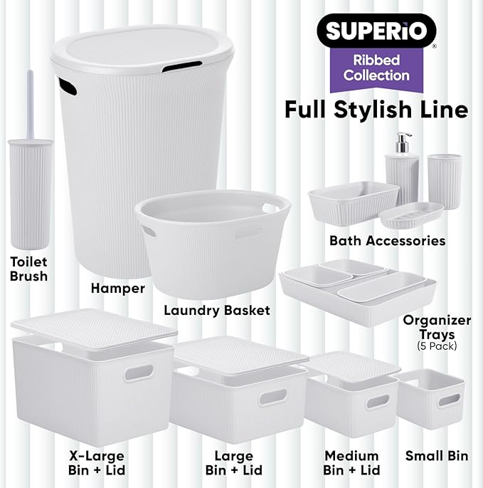 Superio Ribbed Collection - Decorative Plastic Toilet Bowl Brush and Holder Set, White Smoke (1 Pack) Cleaner Scrubber for Bathroom