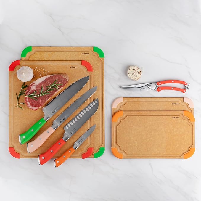 Elihome Cutting Wise 9pcs Cutting Board & Kitchen Knife Set, Color-Code Cutting Board Set with Food Icons, Non-Slip Feet, Juice Grooves, Dishwasher Safe (5PCS Knife Set + 4PCS Cutting Board Set)