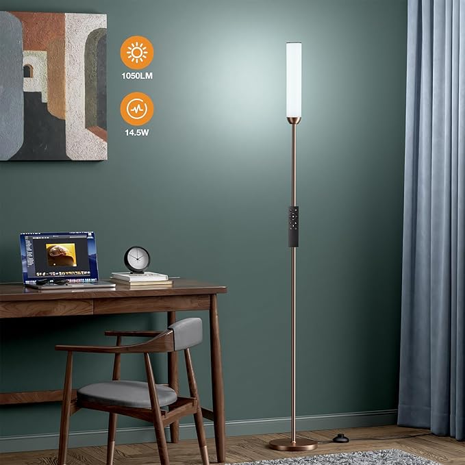 LED Floor Lamp with Remote Control, 65" Standing lamp with Stepless Adjustable 3000K-6500K Colors & 5%-100% Brightness, Foot Switch(Brown)