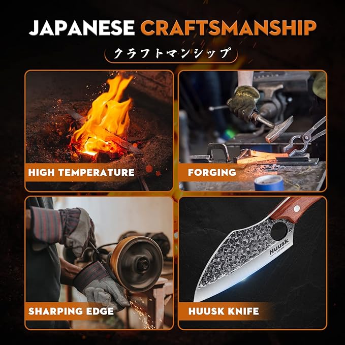 Huusk Hand Forged Meat Cleaver - Butcher Knife for Meat Cutting, Japanese Kitchen Viking Knife with Sheath, Cooking Knives for Kitchen and Outdoor Camping, Thanksgiving Christmas Gifts