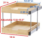 Wood Pull Out Cabinet Organizer 2 Tie 14" W x 21" D, Heavy-Duty Sliding Drawers for Inside Cabinets Storage and Organization for Kitchen, Pantry, Bathroom