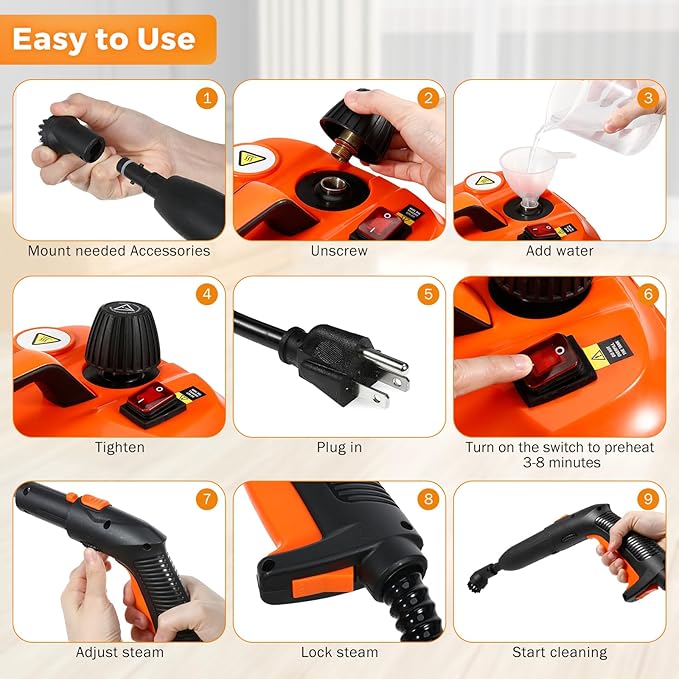 BEAMNOVA Steam Cleaner Electric Household Steamer High Pressure Multipurpose Cleaning Machine Heavy Duty Rolling for Floor Carpet Car Detailing Windows Home, Inside Water Container with Roller, Orange