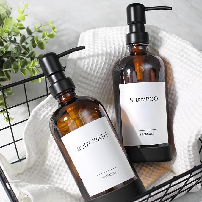 GMISUN Amber Glass Soap Dispenser with Silicone Sleeve Boot, 2 Pack Bathroom Hand Soap Dispensers with Pump, 17 Fl Oz Kitchen Hand and Dish Soap Dispenser Set, Liquid Soap Dispensers Bottle