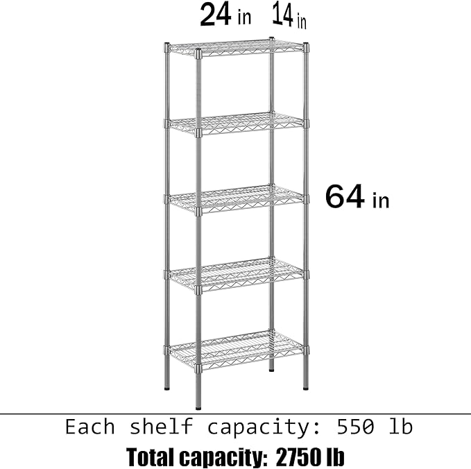 14" Deep x 24" Wide x 64" Height Wire Shelving Kit | 5-Tier | NSF Commercial Storage Rack Unit