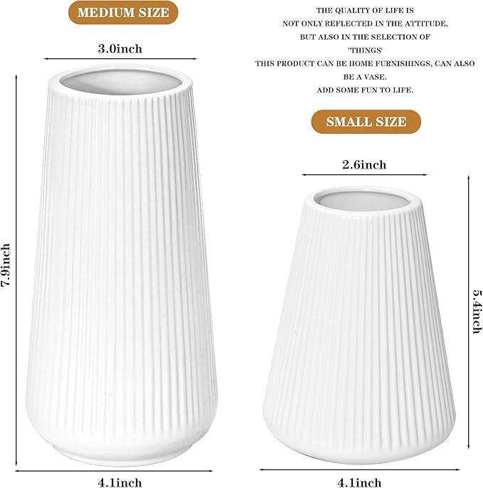 White Ceramic Vase, GUKJOB Small Cute Flower Vase for Pampas Grass, Home, Living Room, Dining Table, Farmhouse, Office Decor, Bedroom, Table, and Kitchen Shelf (White- 2PCS)