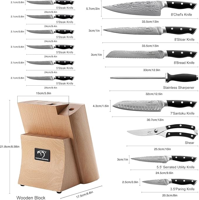 Damascus Kitchen Knife Set, 15-Piece Kitchen Knife Set with Block, ABS Ergonomic Handle for Chef Knife Set and Serrated Steak Knives Knife Sharpener and Kitchen Shears, Beechwood Block