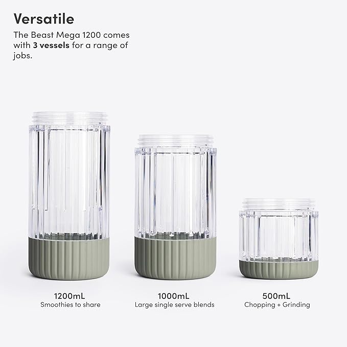 Beast Mega 1200 Plus | Premium Countertop Blender | Smoothies, Shakes, Sauces, Dips, Soups | Blends Ice and Frozen Fruit | XL Vessel | With Extra Vessels, Straw System | 1200W | (Sage, 120V)