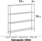 14" Deep x 72" Wide x 74" Height Wire Shelving Kit | 4-Tier | NSF Commercial Storage Rack Unit