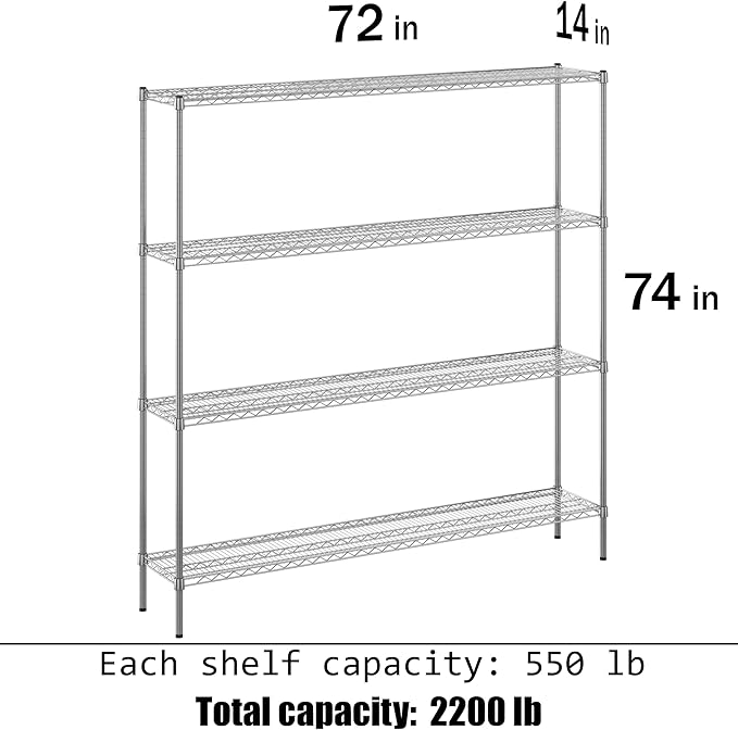 14" Deep x 72" Wide x 74" Height Wire Shelving Kit | 4-Tier | NSF Commercial Storage Rack Unit