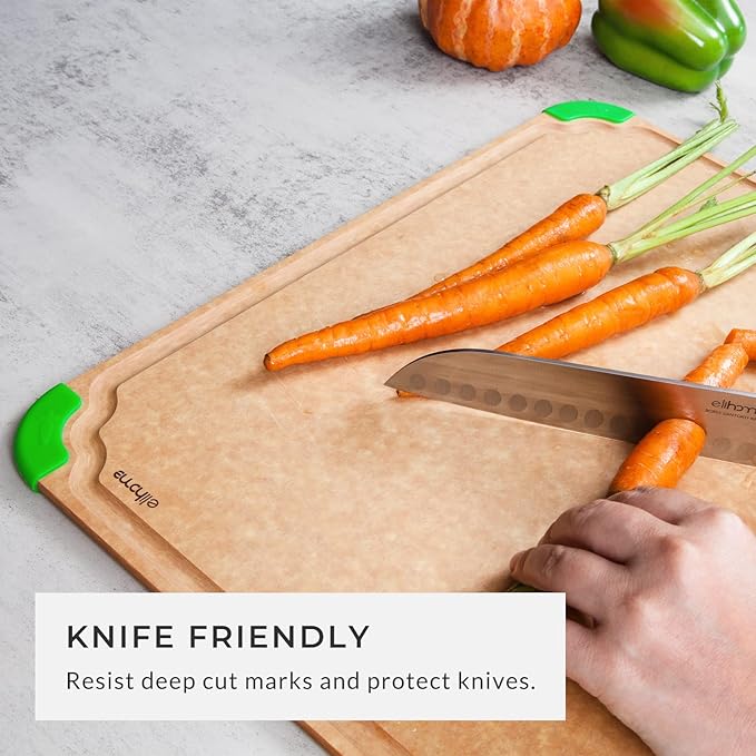 Elihome Cutting Wise 4pcs Kitchen Cutting Board Set, Non Slip Feet, Color Coded with Food Icon, Natural Wood Fiber, Dishwasher Safe, Eco-Friendly, Juice Grooves,Non Porous, BPA Free, Made in USA
