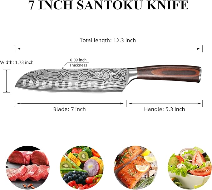 Sunnecko Chef Knife Sharp Santoku Knife 7 Inch, High Carbon Stainless Steel Chopping Knife Vegetables, Cooking Knife with Wood Handle, Gifts for Men and Women