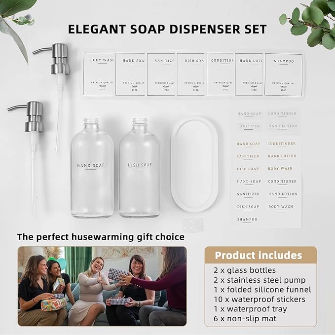 Glass Soap Dispenser - Dish Soap Dispenser for Kitchen, Hand Soap Dispenser Set, Bathroom Soap Dispenser with 304 Rust Proof Pump, Soap Dispenser for Kitchen with Tray, Clear Bottle/Silver Pump