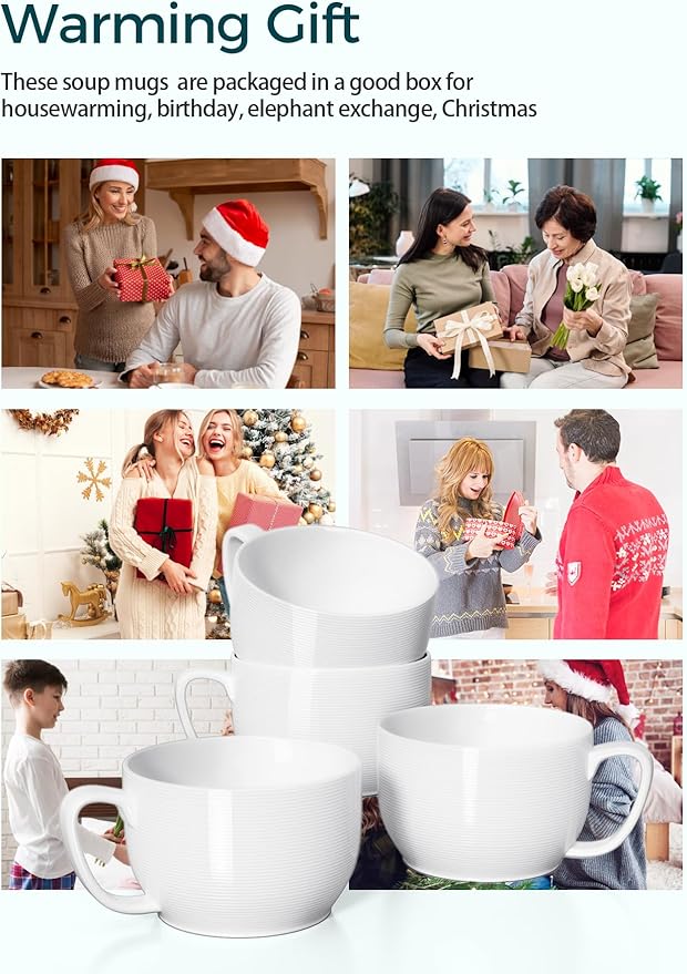 Teocera Soup Mugs with Handles, White Coffee Mugs Set of 4, Large Soup Cups - Striped Design - 24 Ounce Porcelain Jumbo Mugs Bowls for Coffee, Oatmeal, Hot Cocoa, Cereal