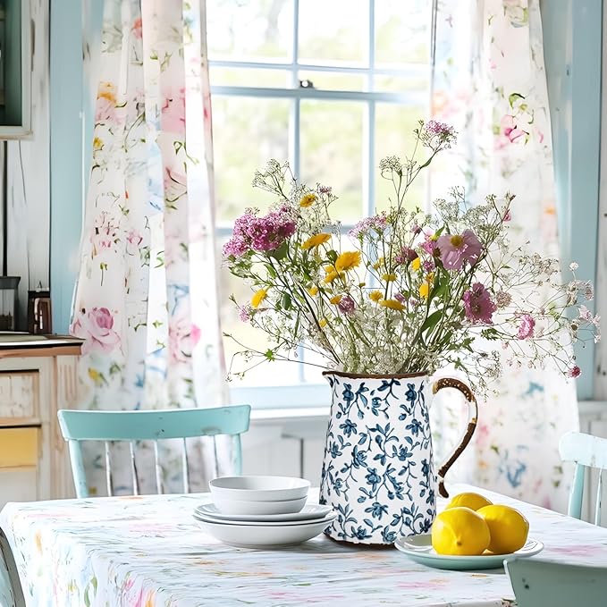 Ceramic Rustic Farmhouse Vase, 7.9" Blue and White Vase for Centerpieces Chinoiserie Vases Pottery Jug with Handle Chinoiserie French Country Decor Vintage Vases for Living Room Kitchen Dinner Table