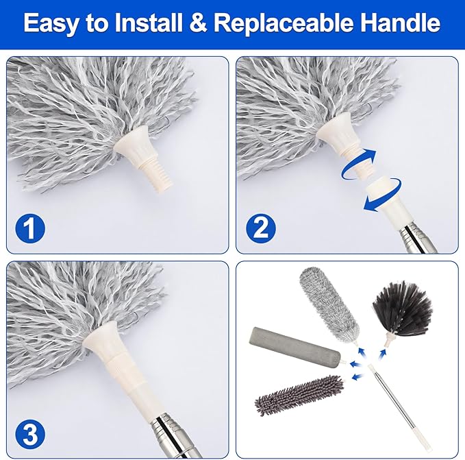 Microfiber Duster with Extension Pole(Stainless Steel) 30 to 100 Inches, Washable Dusters, Reusable Dusters, Bendable Duster for High Ceiling, Cleaning Ceiling Fan, Furniture, Blinds, Cars
