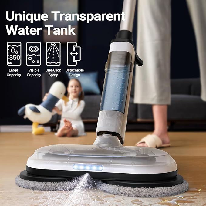 iDOO Cordless Electric Mop, Mops for Floor Cleaning Machine for Home, Detachable Water Tank & Headlight, Power Spin Spray Floor Scrubber for Tile, Hardwood, Laminate Cleaning, White-4 Pads