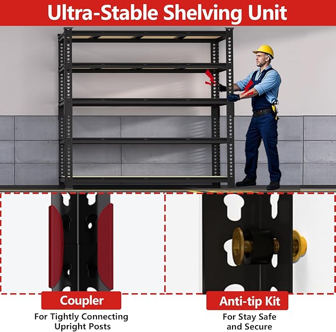 PrimeZone 60" W X 24" D X 72" H Heavy Duty Garage Storage Shelves - Adjustable Metal Shelving Unit, 5 Tier Industrial Shelves for Storage Standing Utility Rack for Warehouse, Basement, Black, 4 Pack