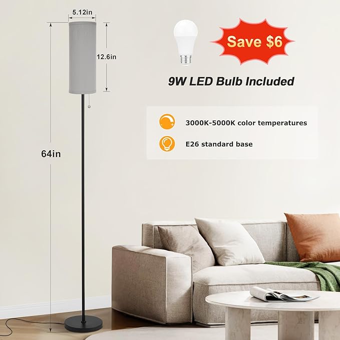 Ambimall Floor Lamp for Living Room with 3 Color Temperatures Bulb, 64" Standing lamp with Linen lampshade for Bedroom, Minimalist Pole Lamp, Grey Shade & Black Pole