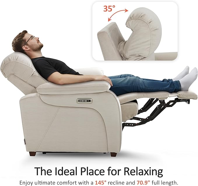 MCombo Wall Hugger Recliner Sofa with Drop Down Table, Power Reclining Sofa with Adjustable Headrest, USB A&C Charge Ports, Reading Lamp, Cup Holders, for Living Room, RVs (Fabric, ST258M3, Beige)