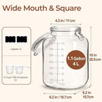 ComSaf Large Glass Storage Containers with Lids, 1.1 Gallon Glass Jar with airtight Lid for Rice, Wide Mouth Mason Jars with Measurement Mark, Flour Sugar Storage Containers 135oz, Set of 2, Square
