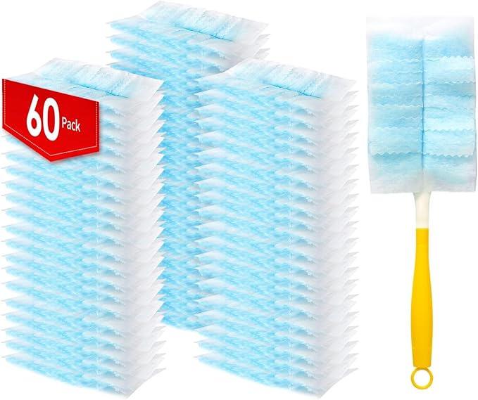 60 Count Electrostatic Duster Refills Compatible with Swiffer Duster,Multi-Surface Dusting Refills,Microfibre Dusters for Cleaning with 1Pcs Short Handle,Unscented