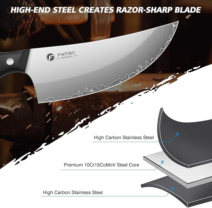 FINTISO Butcher Knife, 6.9 Inch Sharp Meat Cleaver Knife with 5-Layer High Carbon Stainless Steel, Chopping Knives with Ergonomic Full Tang G10 Handle for Home Kitchen Bone Cutting