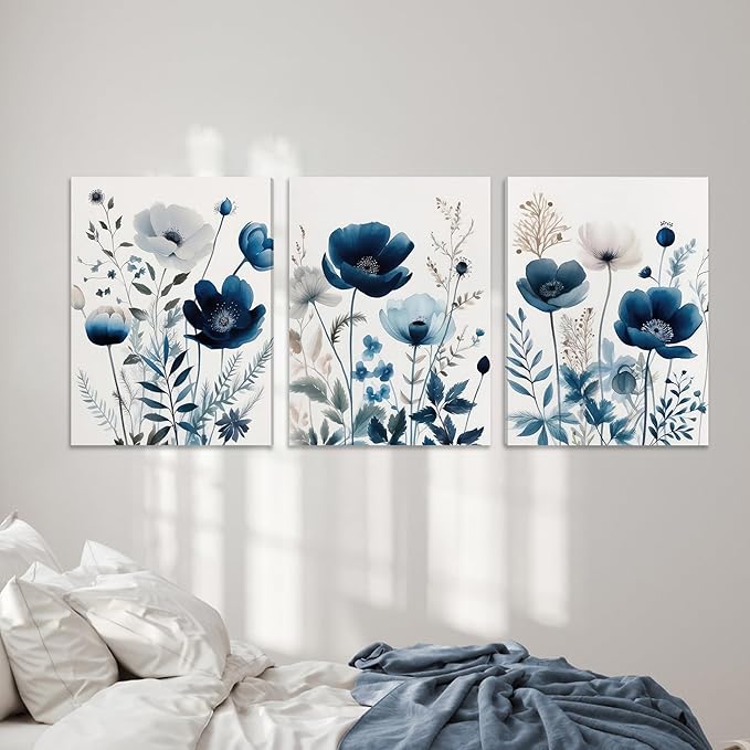 DUWQU 3 Pcs Blue Floral Canvas Wall Art, Elegant Navy Blue Wildflower Lily Daisy Art Wall Decor, Watercolor Botanical Flower Home Poster Art Prints for Living Room Bedroom Bathroom 12×16 Inches