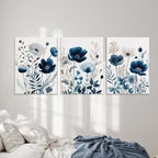 DUWQU 3 Pcs Blue Floral Canvas Wall Art, Elegant Navy Blue Wildflower Lily Daisy Art Wall Decor, Watercolor Botanical Flower Home Poster Art Prints for Living Room Bedroom Bathroom 12×16 Inches